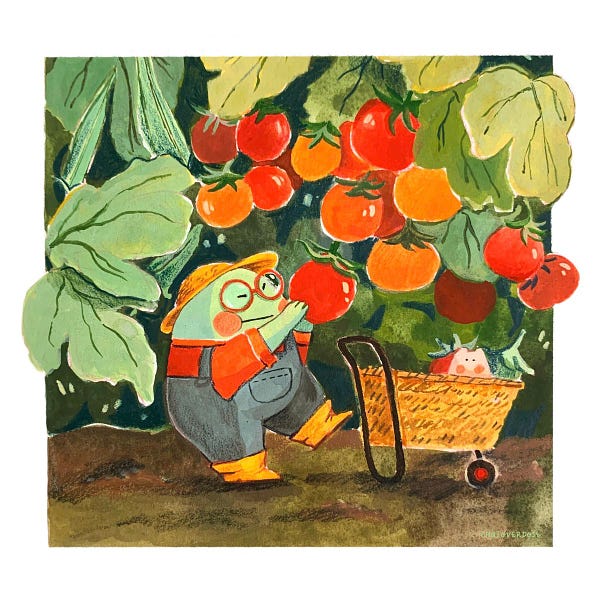 A small round frog in farmer’s overalls, struggles to pluck a cherry tomato
