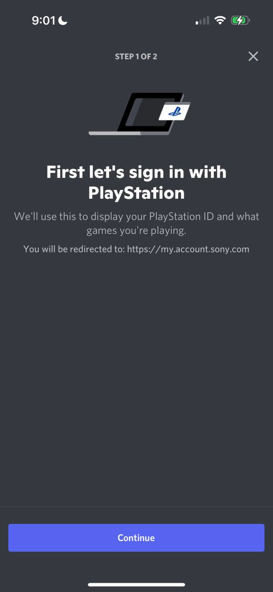 Screen with a laptop image, titled "First let's sign in with PlayStation"
Description: "We'll use this to display your PlayStation ID and what games you're playing."
"You'll be redirected to: https://my.account.sony.com"