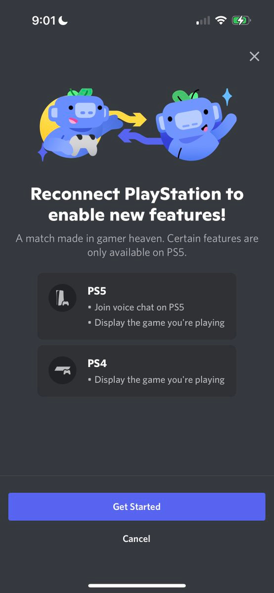 A screen with a Wumpus image titled "Reconnect PlayStation to enable new features!"
Description: "A match made in gamer heaven. Certain features are only available on PS5."
PS5 and PS4 both support "Display the game you're playing," while PS5 also has "Join voice chat on PS5."