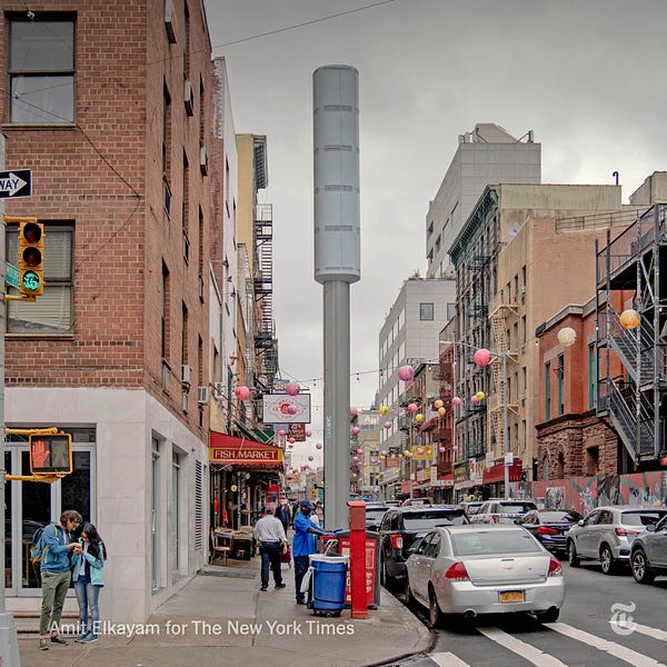A 5G wireless tower seen on a street corner in Manhattan. Photo by Amit Elkayam for The New York Times.