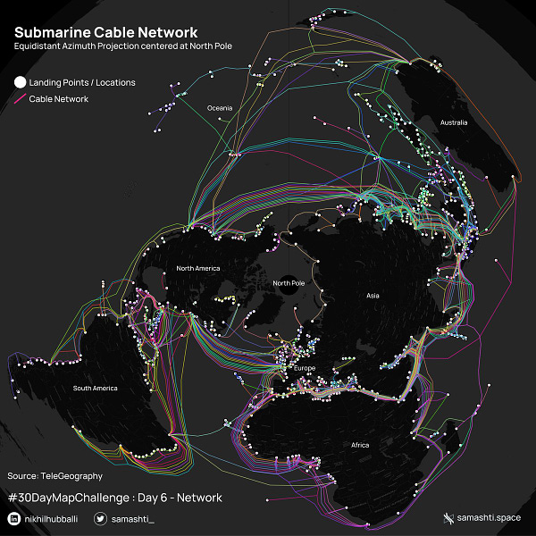 Visualisation shows the submarine cable network around the entire world