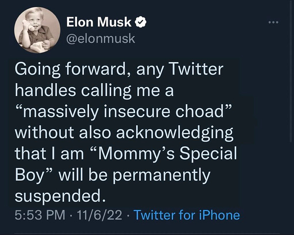 Parody screenshot of Elon Musk saying: “Going forward, any Twitter handles calling me a ‘massively insecure choad’ without also acknowledging that I am ‘Mommy’s Special Boy’ will be permanently suspended.”