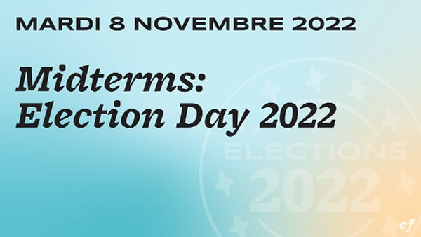 Fond : dégradé de bleu et or
Texte : Mardi 8 novembre 2022, Midterms : Election Day 2022