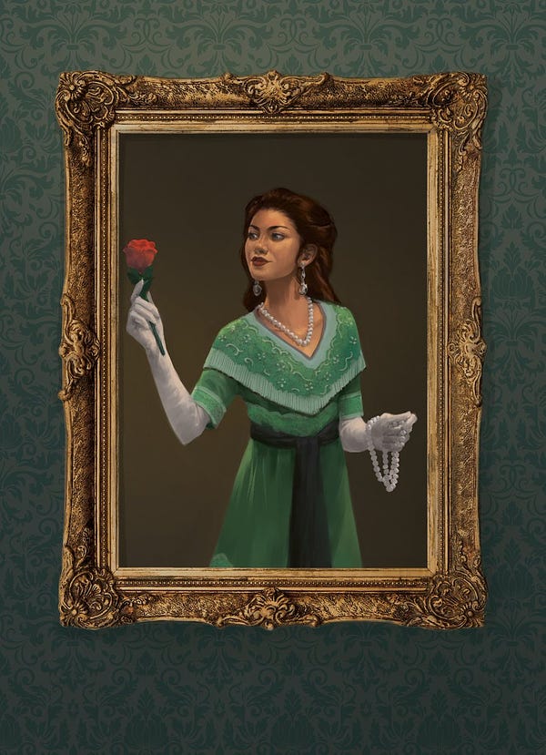 Green background with a golden frame. Image of a white woman with brown hair, wearing a green dress and holding up a rose inside the frame. 