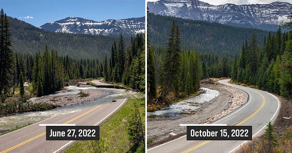 Two side by side photos: June 27, 2022: A road washed out after historic flooding caused severe damage. October 15, 2022: A paved road next to a river surrounded by trees on a sunny day. Photos by Jim Peaco and Jacob W. Frank / NPS 