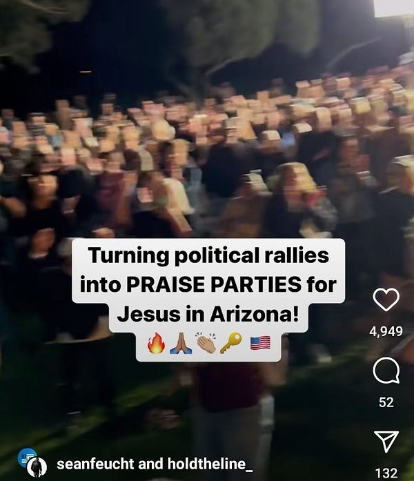 photo from seans reel on insta. blurry crowd. text says Turning political rallies into praise parties for Jesus in Arizona. 