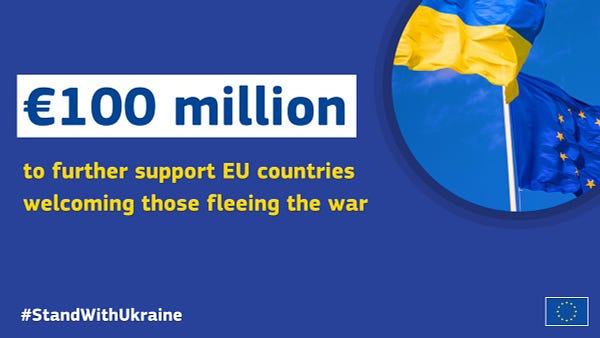 Visual with blue background, Ukraine and EU flags and the text "100 million euro to further support EU countries welcoming those fleeing the war" and the hashtag Stand With Ukraine.