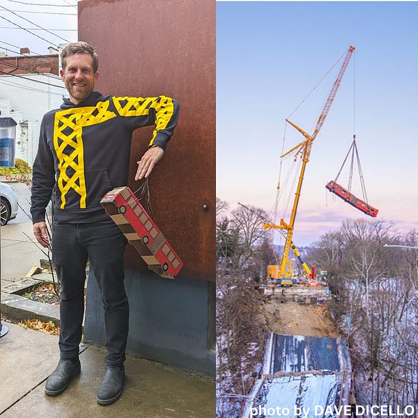 Side by side photo of a halloween costume of vs. the real Fern Hollow Bridge collapse with PRT bus hanging from crane 