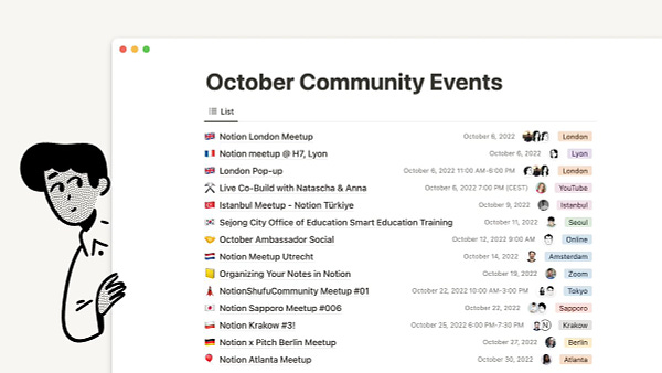 A Notion database called "October Community Events" is set on a cream background. The database shows 14 different events in a list format, with the date, host, and location displayed to the right of each name. A black-and-white illustration of a man peeks around the left edge of the Notion window.