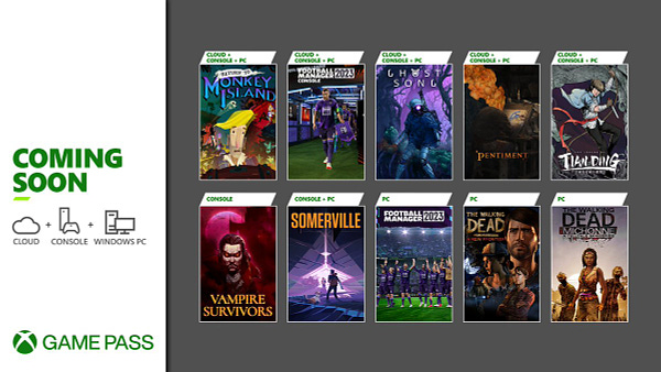Return to Monkey Island, Football Manager 23 Console, Ghost Song, Pentiment, The Legend of Tian Ding, Vampire Survivors, Somerville, Football Manager 23, The Walking Dead: A New Frontier, and The Walking Dead: Michonne are coming soon to Xbox Game Pass.