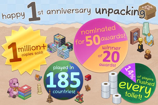 The header reads "Happy 1st anniversary, Unpacking!" and infographics below state: 1 million + copies sold, nominated for 50 awards, winner of 20 awards, played in 185 countries, and 14% of players flushed every toilet. Surrounding each stat are items from the game that relate: video games stacked up, awards, souvenirs from countries around the world, and stacks of toilet paper.