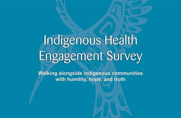 image of a humming bird on a teal background. text reads Indigenous Health Engagement Survey: walking alongside Indigenous communities with humility, hope, and truth 