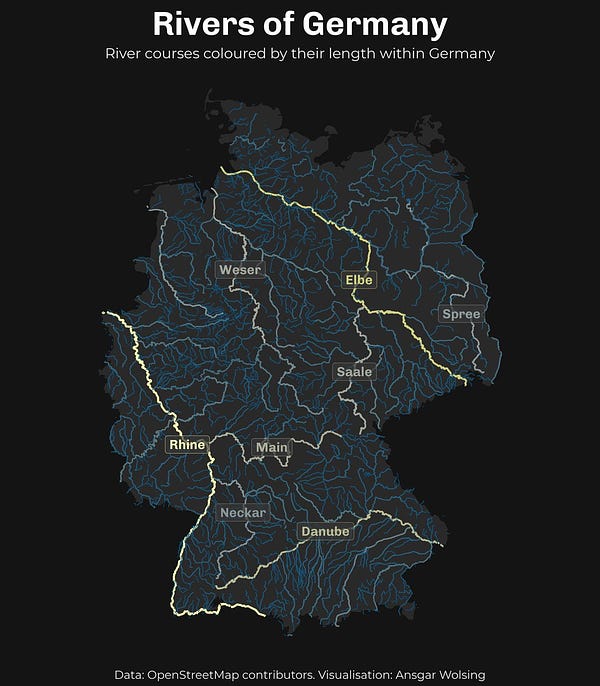 A map of Germany with the rivers coloured by their length within Germany. Longest rivers inside Germany: Rhine, Elbe, Danube, Weser