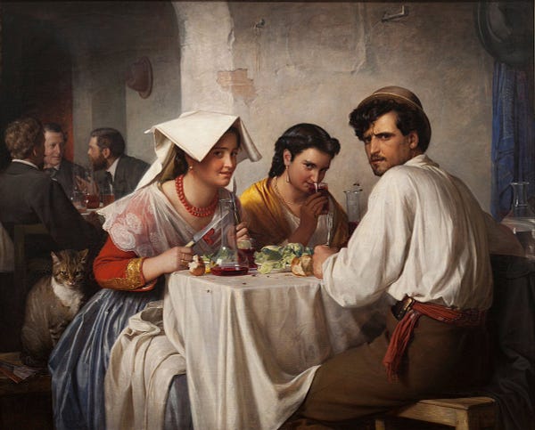 Disdainful people at dinner with disdainful cat!! Oil on canvas. 1866. Carl Bloch.