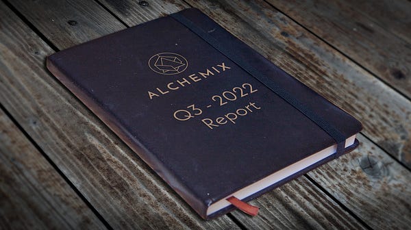 Image of book. Title 'Alchemix Q3 - 2022 Report'