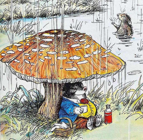 illustration of a mole sitting under a mushroom