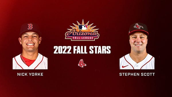 Graphic with headshots of Nick Yorke and Stephen Scott. In between the photos is an Arizona Fall League logo, a Red Sox logo and text that reads “2022 Fall Stars”.