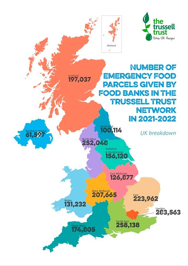 Map of the U.K. from the Trussell Trust showing the number of emergency food parcels given by food banks in their network 2021:2022