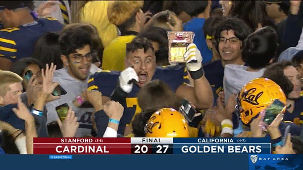 Cal guy with a manaiacal look on his face while holding a tiny version of the Stanford Axe?