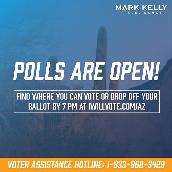 Polls are open! Find where you can vote or drop off your ballot by 7 pm at IWillVote.com/AZ. 

Voter Assistance Hotline: 1-833-868-3429