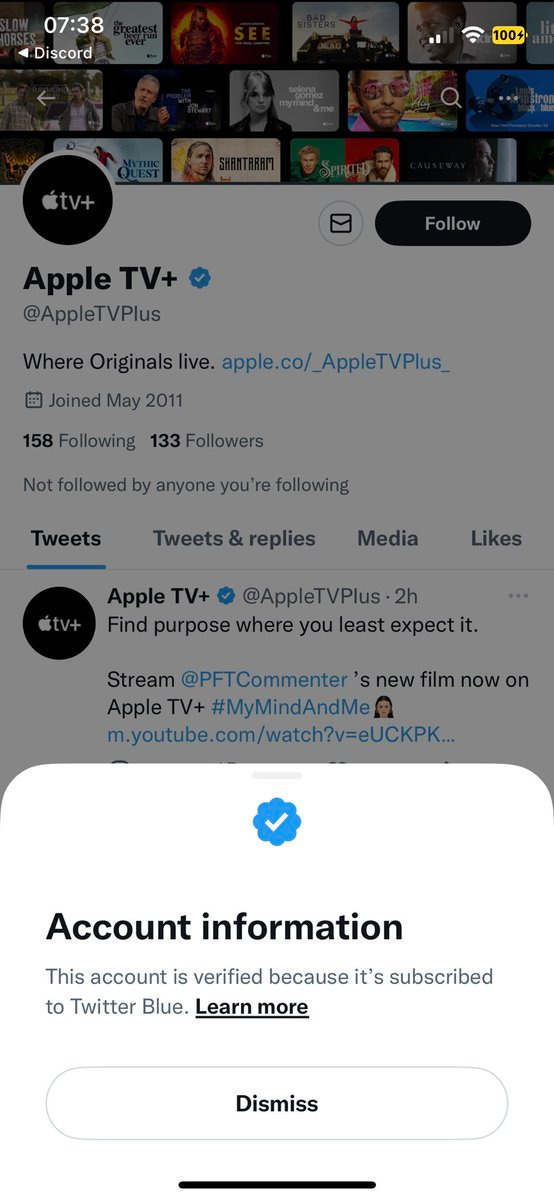 A blue verified account pretending to be AppleTV+