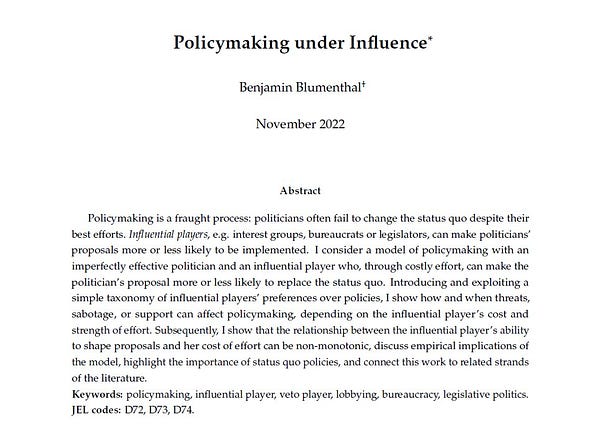 Policymaking is a fraught process: politicians often fail to change the status quo despite their best efforts. Influential players, e.g. interest groups, bureaucrats or legislators, can make politicians’ proposals more or less likely to be implemented. I consider a model of policymaking with an imperfectly effective politician and an influential player who, through costly effort, can make the politician’s proposal more or less likely to replace the status quo. Introducing and exploiting a simple taxonomy of influential players’ preferences over policies, I show how and when threats, sabotage, or support can affect policymaking, depending on the influential player’s cost and strength of effort. Subsequently, I show that the relationship between the influential player’s ability to shape proposals and her cost of effort can be non-monotonic, discuss empirical implications of the model, highlight the importance of status quo policies, and connect this work to related works.