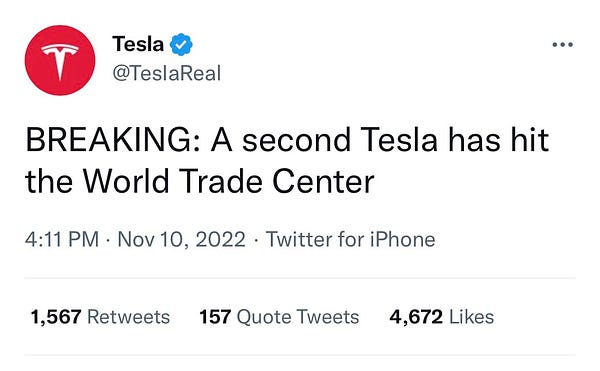 A Twitter Blue checkmark account called “Tesla” tweets: “BREAKING: A second Tesla has hit the World Trade Center.”