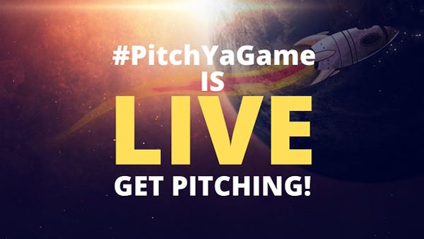 Image reads #PitchYaGame Is LIVE, Get Pitching, background is over a space scene featuring a planet where the sun is breaching the horizon including a video game-esque space ship flying past.