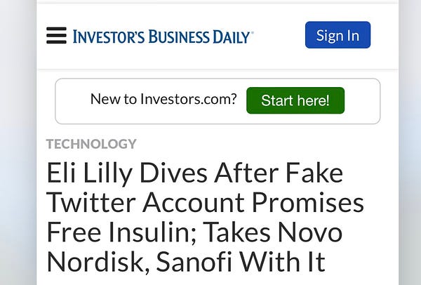 Investors Business Daily headline describing the LLY stock diving after fake verified tweet and taking other orgs down too