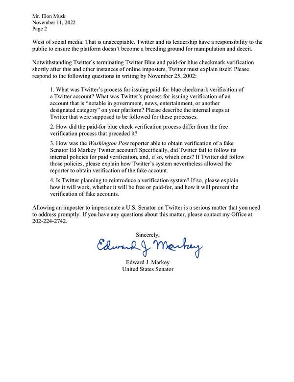 Continued letter addressed to Elon Musk from Senator Markey. Full text linked in the reply.