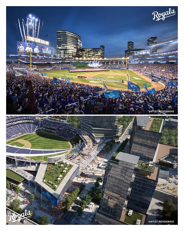 Two artist renderings of a potential downtown ballpark district featuring a new Royals stadium.