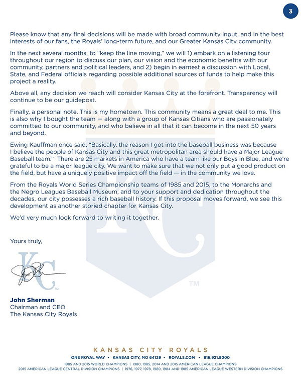 A letter from Royals Chairman and CEO John Sherman to Royals fans and the Kansas City community regarding a potential downtown ballpark district. Due to text character limits we are unable to transcribe the full letter in alt text. The full letter can be found on royals.com.