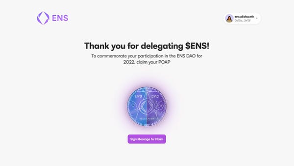 A year ago, the @ENS_DAO Constitution was ratified with votes from 83k voters!

Since then, 69k wallets have participated in ENS DAO governance, by delegating $ENS to active Delegates 🤯

$ENS Delegators can review their year of governance + claim a POAP

review.ens.domains