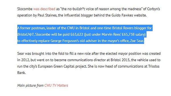A former postman, leader of the CWU in Bristol and one-time Bristol Rovers blogger for Bristol24/7, Slocombe will be paid £63,622 (just under Marvin Rees’ £65,738 salary) to effectively replace George Ferguson’s old adviser in the mayor’s office, Zoe Sear.