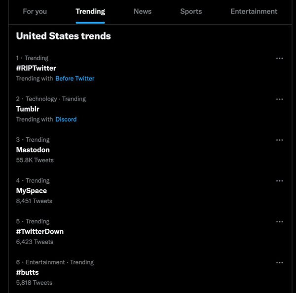 Top trending topics in U.S.: number one RIP Twitter. number two Tumblr. number three Mastodon. number four MySpace. number five Twitter Down. number six butts.