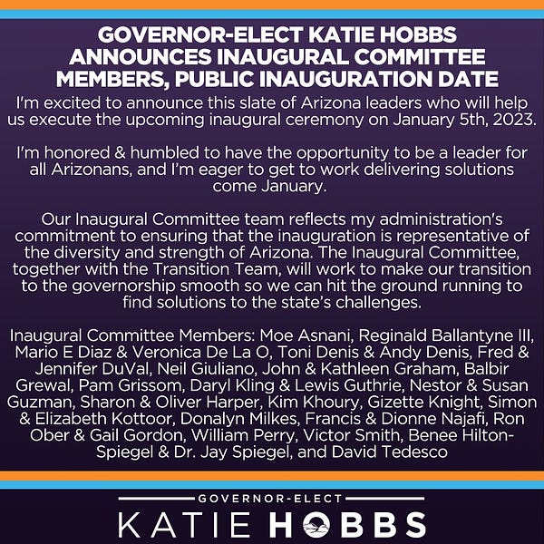 Governor-Elect Katie Hobbs statement on Inaugural Committee members and Inauguration date