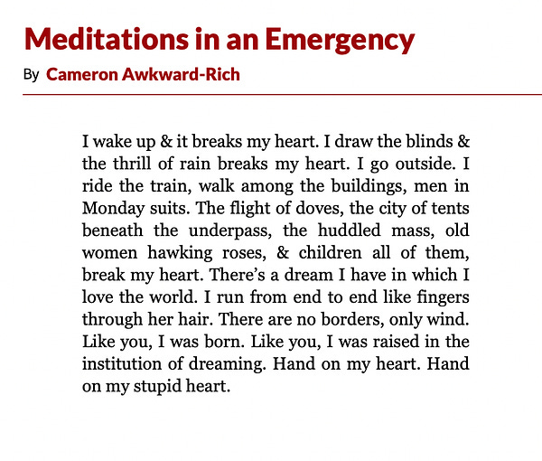 Meditations in an Emergency

By Cameron Awkward-Rich

I wake up & it breaks my heart. I draw the blinds & the thrill of rain breaks my heart. I go outside. I ride the train, walk among the buildings, men in Monday suits. The flight of doves, the city of tents beneath the underpass, the huddled mass, old women hawking roses, & children all of them, break my heart. There’s a dream I have in which I love the world. I run from end to end like fingers through her hair. There are no borders, only wind. Like you, I was born. Like you, I was raised in the institution of dreaming. Hand on my heart. Hand on my stupid heart.