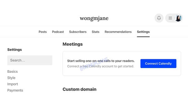 Substack publication settings: meetings 

Start selling one-on-one calls to your readers.
Connect a free Calendly account to get started.

[Connect Calendly]