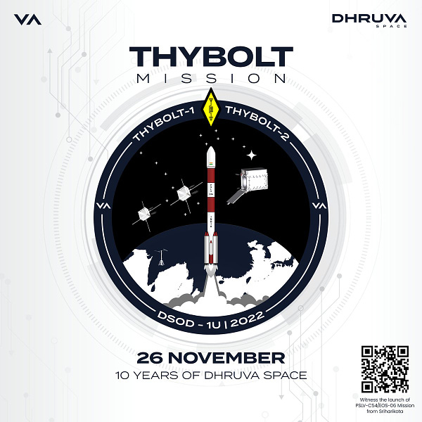 Dhruva Space's Thybolt Mission patch featuring the PSLV C54, two nanosatellites and a Deployerer