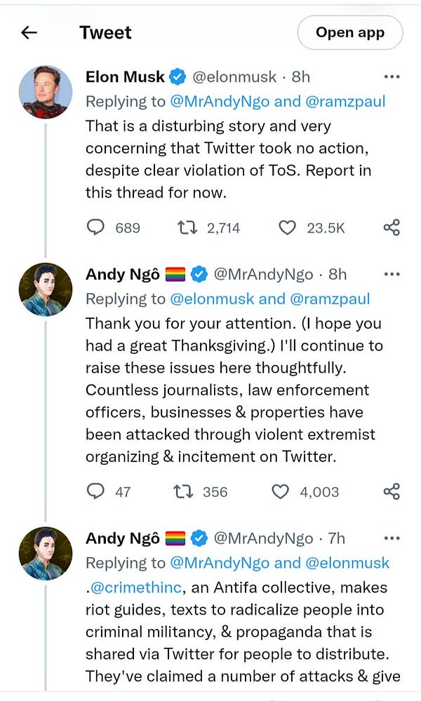 Elon Musk in thread where Andy Ngo asks him to ban @crimethinc