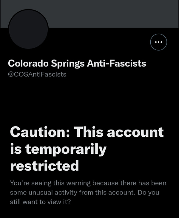 @COSAntiFascists account behind a temporarily restricted warning 