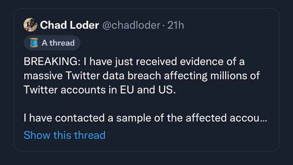 Chad Loder tweet saying he received and verified data from a new breach 