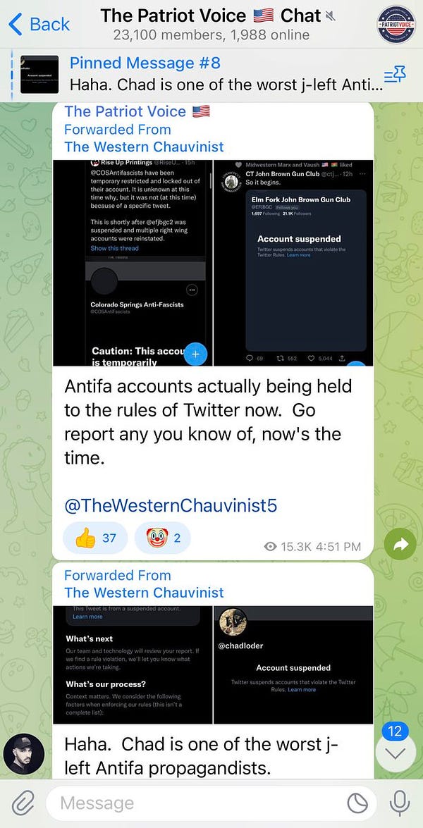 Message telling people to report Antifa accounts in "The Patriot Voice" channel on telegram, followed by some antisemitism in the next message.