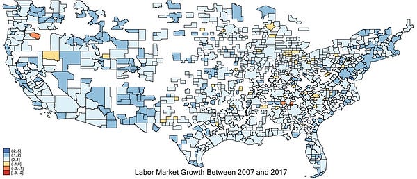 This image presents labor market growth (see paper for details of measurement) across Metropolitan Statistical Areas (MSAs) in the U.S. between 2007 and 2017. Most areas have recovered from the Great Recession, although some, especially in the so-called "Rust Belt", still had negative growth between 2007 and 2017.