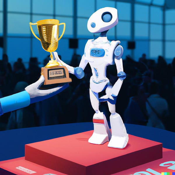 Photo of a robot receiving an award at a big conference, illustration, beautiful, geometric, trending on artstation, full body, cinematic. - DALLE2 prompt