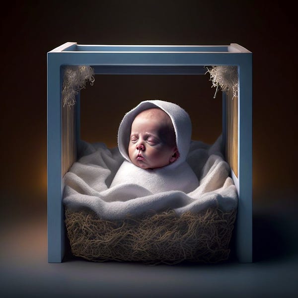The manger is a minimalist cube, because of course it is.
