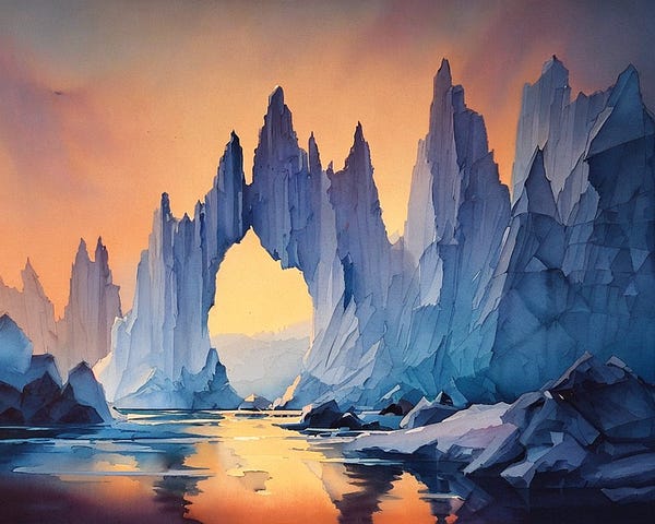fine-art watercolor landscape painting of Iceberg cliffs, Arctic Ocean, sunset, magic time, by Andreas Rocha, Minimalism, artistic, atmospheric, masterpiece, darker shadow, high contrast, golden ratio composition, hyper-detailed  -W 960 -S 9252202207 