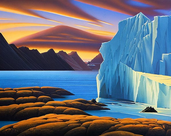 fine-art oil landscape painting of Iceberg cliffs, Arctic Ocean, lonely island, sunset, magic time, by Michael Whelan, Minimalism, epic perspective, artistic, atmospheric, masterpiece, vivid color, HDR, darker shadow, high contrast, golden ratio composition, hyper-detailed   -W 960 -S 6753514390 