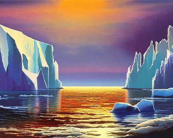 fine-art oil landscape painting of Iceberg cliffs, Arctic Ocean, lonely island, sunset, magic time, by Bruce_Pennington, Minimalism, epic perspective, artistic, atmospheric, masterpiece, vivid color, HDR, darker shadow, high contrast, golden ratio composition, hyper-detailed  -W 960 -S 6753514390 