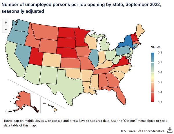 U.S. map showing number of unemployed persons per job opening by state, September 2022, seasonally adjusted